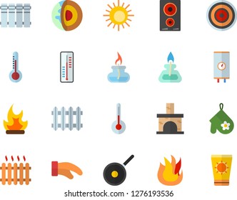 Color flat icon set heating batteries flat vector, boiler, teflon, potholder, fire, induction cooker, temperature, thermometer, bonfire, fireplace, radiator, gas burner, core of the earth fector