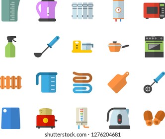 Color flat icon set heating batteries vector, flat, boiler, saute, meashuring cup, electric kettle, ladle, kitchen spoon, towel, cutting board, stove, microwave, toaster, food processor, pulverizer