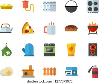 Color flat icon set heating batteries vector, flat, cauldron, teapot, potholder, electric stove, induction cooker, coffee machine, barbecue, pizza, pie, tea, scrambled eggs, fireplace