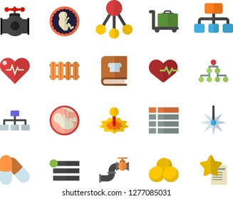 Color flat icon set heating batteries vector, cookbook flat, main pipeline, laser, hierarchy, embryo, classification, heartbeat, pills, luggage trolley fector, menu, favorites