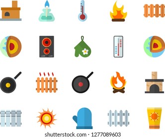 Color flat icon set heating batteries vector, flat, teflon, potholder, induction cooker, thermometer, bonfire, fireplace, radiator, gas burner, core of the earth fector, sun, protection cream