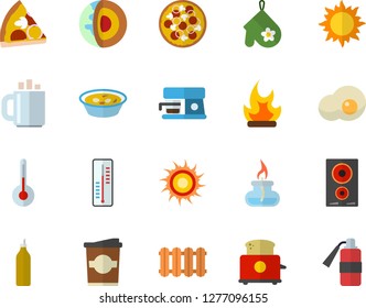 Color flat icon set heating batteries vector, potholder flat, induction cooker, toaster, coffee machine, temperature, pizza, soup, coffe, scrambled eggs, mustard, thermometer, sun, bonfire