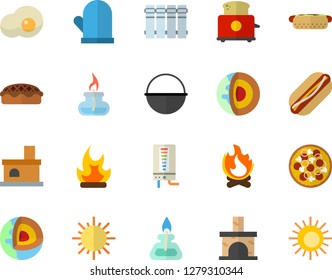 Color flat icon set heating batteries flat vector, boiler, cauldron, potholder, toaster, hot dog, pizza, pie, scrambled eggs, sun, bonfire, fireplace, gas burner, core of the earth fector