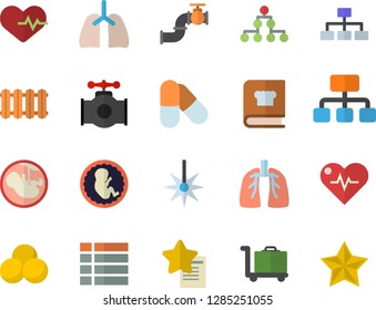 Color flat icon set heating batteries vector, cookbook flat, main pipeline, laser, hierarchy, embryo, lungs, classification, heartbeat, pills, luggage trolley fector, menu, favorites