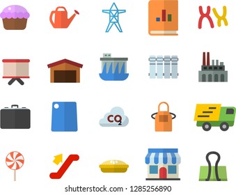 Color flat icon set heating batteries flat vector, apron, cutting board, cupcake, pie, lollipop, watering can, power line support, hydroelectric station, plant, carbon dioxide, store front, case