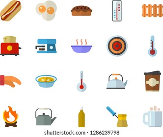 Color flat icon set heating batteries vector, teapot flat, potholder, turk, induction cooker, toaster, coffee machine, temperature, hot dog, soup, pie, coffe, scrambled eggs, mustard, thermometer