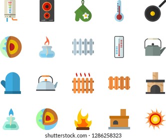 Color flat icon set heating batteries vector, boiler flat, teflon, teapot, potholder, induction cooker, thermometer, bonfire, fireplace, radiator, gas burner, core of the earth fector, sun