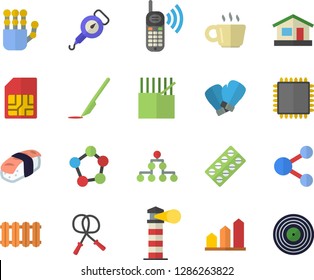 Color flat icon set heating batteries vector, spring balance flat, sashimi, house, fabric manufacture, SIM card, lighthouse, phone call, pill packaging, scalpel, molecules, coffee, robot hand, cpu