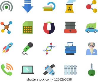 Color flat icon set heating batteries flat vector, double boiler, eco cars, SIM card, rocket, phone call, tomograph, molecules, copy machine, laptop, satellit, nuclear power plant, magnet, scientist