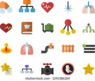 Color flat icon set heating batteries vector, cookbook flat, main pipeline, laser, hierarchy, embryo, lungs, classification, heartbeat, pills, luggage trolley fector, menu, favorites