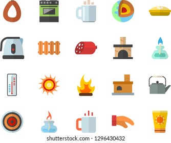 Color flat icon set heating batteries vector, teapot flat, electric kettle, potholder, stove, induction cooker, sausage, pie, tea, thermometer, bonfire, fireplace, coffee, gas burner, sun