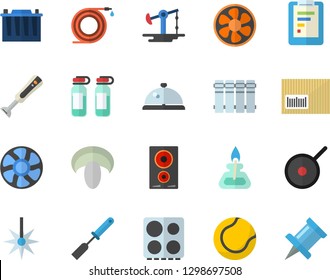 Color Flat Icon Set Heating Batteries Flat Vector, Teflon, Kitchen Spatula, Electric Stove, Induction Cooker, Blender, Mushroom, Hose, Ventilation, Oil Pumping, Accumulator, Laser, Graphic Report