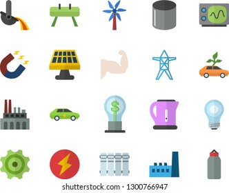 Color flat icon set heating batteries flat vector, electric kettle, windmill, solar battery, power line support, manufactory, plant, cogwheel, eco cars, pipe production, magnet, metallurgy, idea