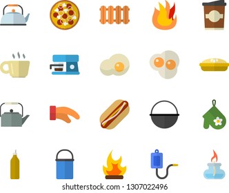 Color flat icon set heating batteries vector, cauldron flat, hiking pot, teapot, potholder, fire, coffee machine, hot dog, pizza, pie, coffe, scrambled eggs, mustard, bonfire, medical warmer