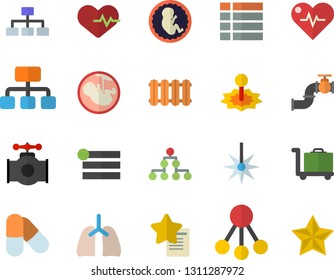 Color flat icon set heating batteries vector, main pipeline flat, laser, hierarchy, embryo, lungs, classification, heartbeat, pills, luggage trolley fector, menu, favorites