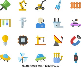 Color flat icon set heating batteries vector, lawn mower flat, lamp, plug socket, crane, electric cars, satellite antenna, motherboard, magnet, trammel, drawing pin, phone operator, robot hand, ufo