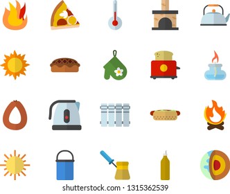 Color flat icon set heating batteries flat vector, hiking pot, teapot, electric kettle, potholder, turk, fire, toaster, temperature, sausage, hot dog, pizza, pie, mustard, sun, bonfire, fireplace