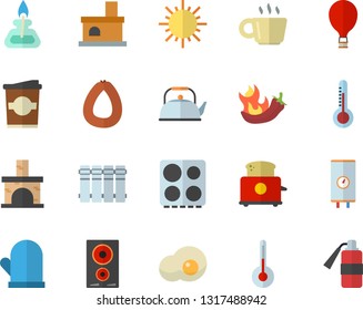 Color flat icon set heating batteries flat vector, boiler, teapot, potholder, electric stove, induction cooker, toaster, temperature, sausage, hot peppers, coffe, scrambled eggs, thermometer, sun