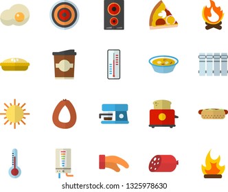 Color flat icon set heating batteries flat vector, boiler, potholder, induction cooker, toaster, coffee machine, sausage, hot dog, pizza, soup, pie, coffe, scrambled eggs, thermometer, sun, bonfire