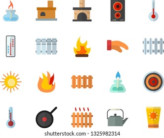 Color flat icon set heating batteries vector, flat, teflon, teapot, potholder, fire, induction cooker, temperature, thermometer, bonfire, fireplace, radiator, gas burner, sun fector