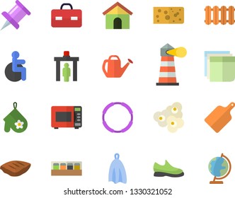 Color flat icon set heating batteries vector, potholder flat, towel, cutting board, microwave, spice, cheese, chop, popcorn, watering can, lighthouse, disabled, briefcase, drawing pin, sticker, hoop