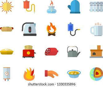 Color flat icon set heating batteries flat vector, boiler, teapot, electric kettle, potholder, fire, toaster, sausage, hot dog, soup, pie, sun, bonfire, fireplace, medical warmer, coffee, gas burner