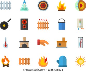 Color flat icon set heating batteries vector, boiler flat, hiking pot, teflon, potholder, fire, induction cooker, temperature, thermometer, bonfire, fireplace, radiator, gas burner, sun