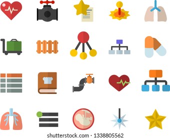 Color flat icon set heating batteries vector, cookbook flat, main pipeline, laser, hierarchy, embryo, lungs, classification, heartbeat, pills, luggage trolley fector, menu, favorites