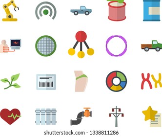 Color flat icon set heating batteries flat vector, sieve, pickup truck, main pipeline, tree leaf, power line support, hierarchy, barcode, diagnostics, chromosomes, clircle diagram, industrial robot