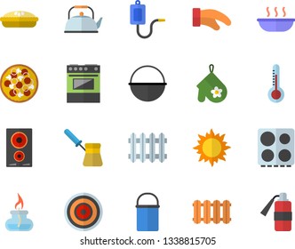 Color flat icon set heating batteries vector, cauldron flat, hiking pot, teapot, potholder, turk, electric stove, induction cooker, pizza, soup, pie, thermometer, sun, radiator, medical warmer