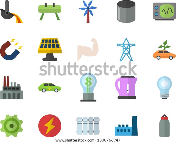 Color flat icon set heating batteries flat vector,\
electric kettle, windmill, solar battery, power line support,\
manufactory, plant, cogwheel, eco cars, pipe production, magnet,\
metallurgy, idea