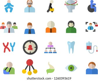 Color flat icon set hierarchy flat vector, person, target audience, team, blood transfusion, disabled, injury, eye, headache, chromosomes, tooth, stomach, recruitment, businessman, scientist, user