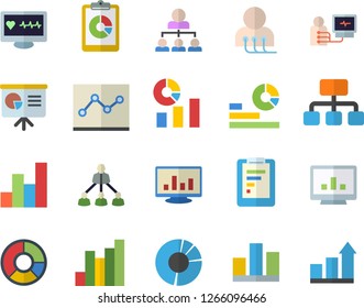 Color flat icon set hierarchy flat vector, graphic report, chart, statistics, computer diagnostics of health, statistic, clircle diagram, point, presentaition board, achievement