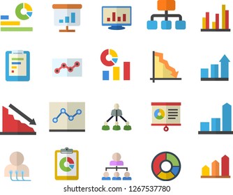 Color flat icon set hierarchy flat vector, graphic report, crisis, chart, statistics, diagnostics, computer, statistic, clircle diagram, point, achievement