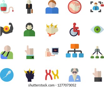 Color flat icon set hierarchy flat vector, blood transfusion, disabled, injury, eye, headache, diagnostics, embryo, chromosomes, sperm, recruitment, businessman, brainstorm, scientist, muscles, user