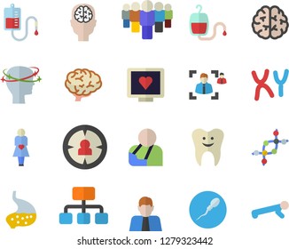 Color flat icon set hierarchy flat vector, person, target audience, team, blood transfusion, computer diagnostics of health, injury, headache, gestation, chromosomes, sperm, tooth, stomach, dna