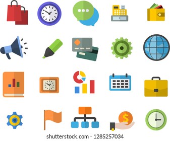 Color flat icon set hierarchy flat vector, case, cogwheel, earth, credit card, marker, investments, purse, statistics, flag, calendar, bags, mouthpiece, clock, book balance accounting, chat