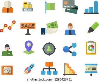 Color flat icon set hierarchy flat vector, location, person, target audience, rocket, graphic report, crisis, chart, credit card, marker, molecules, investments, telephone operator, scatter, flag