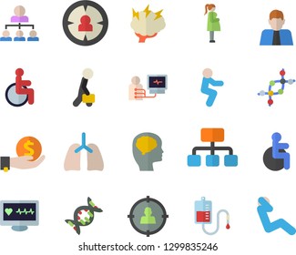 Color flat icon set hierarchy flat vector, person, target audience, investments, blood transfusion, computer diagnostics of health, disabled, gestation, lungs, businessman, brainstorm, dna, squats