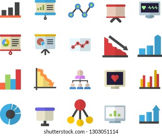 Color flat icon set hierarchy flat vector, crisis, chart, scatter, flipchart, computer diagnostics of health, statistic, clircle diagram, point, presentaition board, achievement