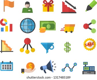 Color flat icon set hierarchy flat vector, funnel, earth, crisis, cash, marker, molecules, dollar, investments, telephone operator, statistics, scatter chart, flag, calendar, mouthpiece, present