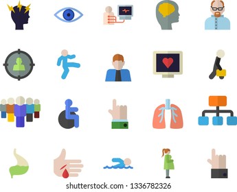 Color flat icon set hierarchy flat vector, person, target audience, team, computer diagnostics of health, disabled, injury, eye, headache, gestation, stomach, lungs, businessman, scientist, swimming