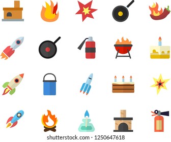 Color flat icon set hiking pot flat vector, teflon, fire, barbecue, cake, hot peppers, bonfire, fireplace, rocket, gas burner, spark, extinguisher
