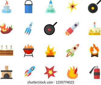 Color flat icon set hiking pot flat vector, teflon, fire, barbecue, cake, hot peppers, bonfire, fireplace, rocket, gas burner, spark, extinguisher