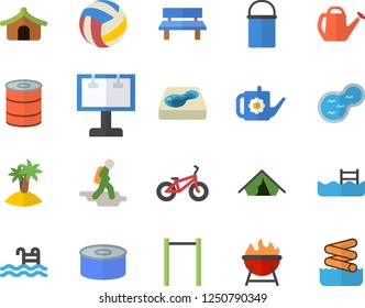 Color flat icon set hiking pot flat vector, barbecue, canned food, watering can, bench, pond, pool, billboard, volleyball, bicycle, parallel bars, hike fector, tent, island, aquapark