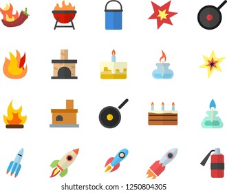 Color flat icon set hiking pot flat vector, teflon, fire, barbecue, cake, hot peppers, bonfire, fireplace, rocket, gas burner, spark, extinguisher