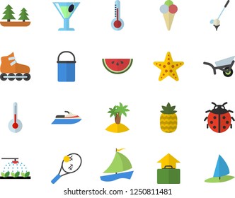 Color flat icon set hiking pot flat vector, temperature, watermelon, ice cream, cocktail, pineapple, thermometer, ladybird, sprinkling machine, garden wheelbarrow, forest, sailboat, roller Skates