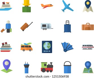 Color flat icon set hiking pot flat vector, location, sport bag, aircraft fector, train, trailer, airport tower, luggage, passport, get, flippers, transfer, cruise ship