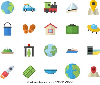 Color flat icon set hiking pot flat vector, location, rocket, earth, ufo, fector, train, car, sailboat, control gate, suitcase, hotel first line, sea beach, water scooter, inflatable mattress, house