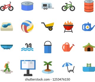 Color flat icon set hiking pot flat vector, barbecue, canned food, watering can, garden wheelbarrow, pool, billboard, volleyball, bicycle, trailer fector, hike, tent, sea beach, chaise lounge